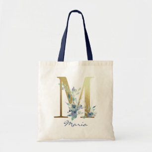 Bolsa Tote Letra Monograma Dourada M Azul Nome Decoração Flor
