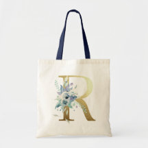 Letra Monograma Dourada R Flores Aquarela Azul
