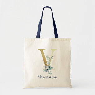 Bolsa Tote Letra Monograma Dourada V Nome Azul Decoração Flor