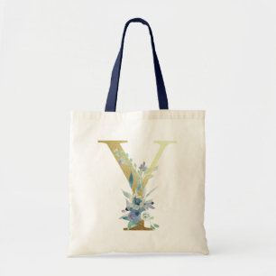 Bolsa Tote Letra Monograma Dourada Y Flores de Aquarela Azul