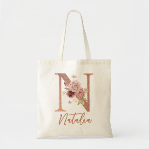 Bolsa Tote Letra N Blush rosa Glitter Monograma Floral