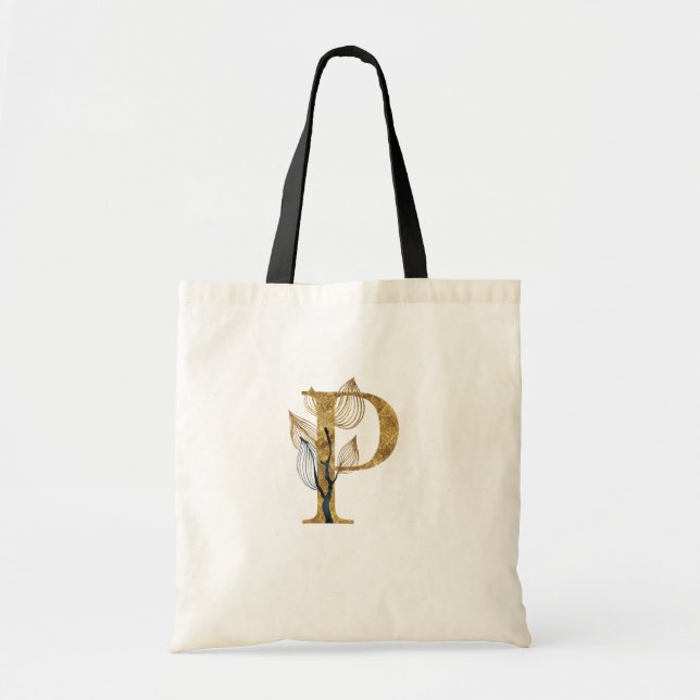 Bolsa Tote *~* Letra P Monograma Dourado Folhas Pretas Inicia (Frente)