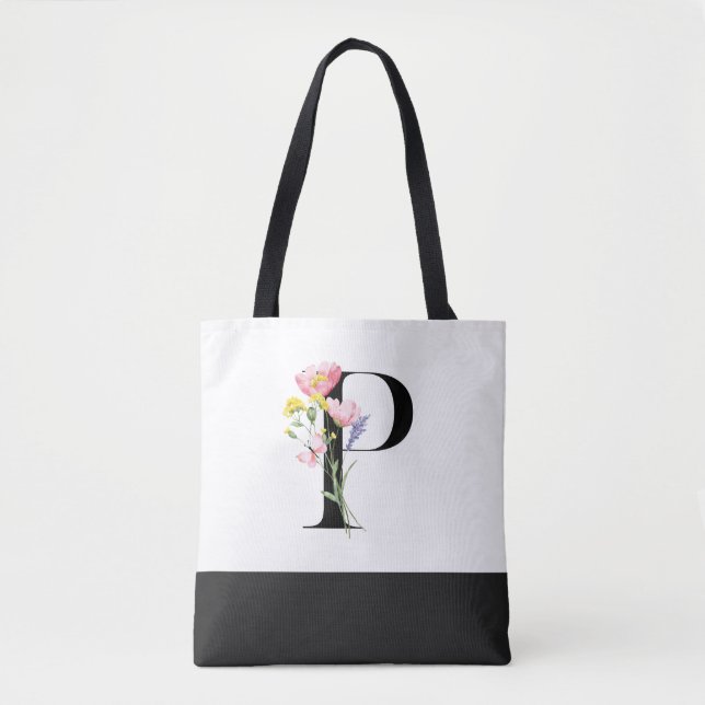 Bolsa Tote Letra P personalizada do monograma de flor selvage (Frente)