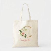 Letra personalizada "C" Tote Bag Floral Dourada