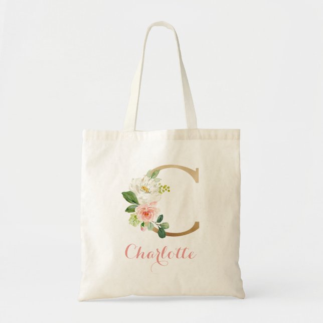 Bolsa Tote Letra personalizada "C" Tote Bag Floral Dourada (Frente)