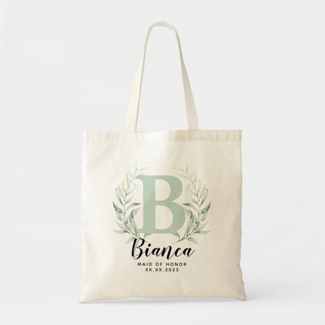 Bolsa Tote Letra Personalizada Greenery Bridesmaid (Frente)