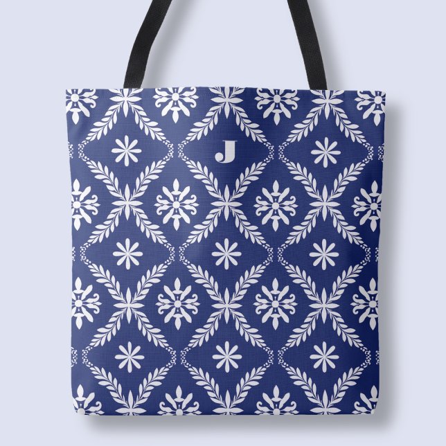 Bolsa Tote Letra Personalizada Padrão Azul Elegante Inicial (Personalized Letter Elegant Blue Pattern Initial Tote Bag)