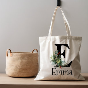 Bolsa Tote Letra preta de flores silvestres de aquarela