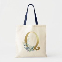 Bolsa Tote Letra Q de Monograma Dourado Flores de Aquarela Az