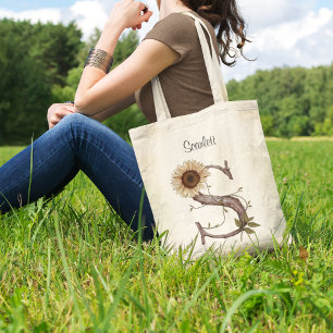 Bolsa Tote Letra S de girassol elegante Monograma floral pers
