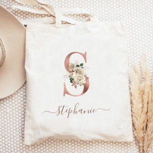 Bolsa Tote Letra S Monograma Floral Marfim em Dourado Rosa
