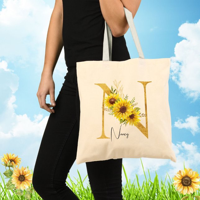 Bolsa Tote Letra Sunflower Monograma N Floral - Letra N (Criador carregado)