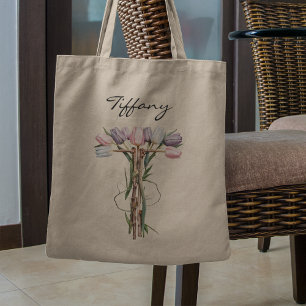 Bolsa Tote Letra T de Buquê de Tulipas Monograma de Nome Pers