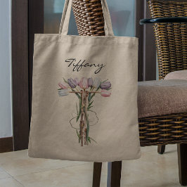 Bolsa Tote Letra T de Buquê de Tulipas Monograma Floral Nome