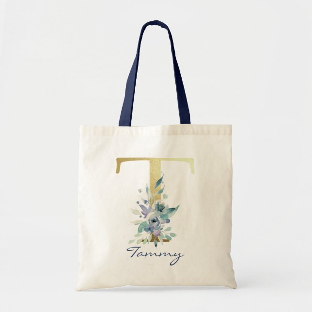 Bolsa Tote Letra T Monograma Dourada Azul Decoração Floral (Frente)