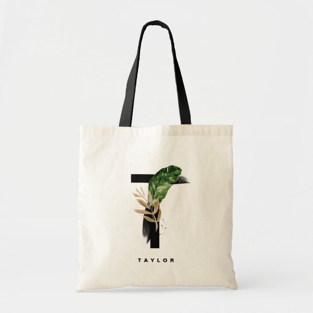Bolsa Tote Letra T Monograma | Folhas Tropicais Damas de Honr (Frente)