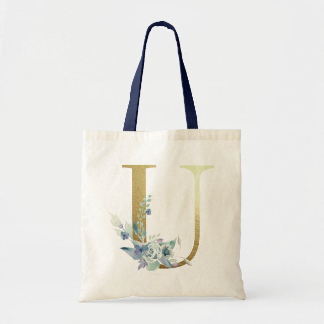 Bolsa Tote Letra U de Monograma Dourado com Flores em Aquarel (Frente)