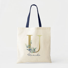 Bolsa Tote Letra U dourada monograma Nome azul decoração flor