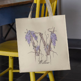 Bolsa Tote Letra 'W' de Wisteria Monograma Floral Nome Person