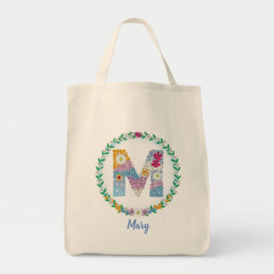 Bolsa Tote Letras de Flor "M" Inicial com Nome Personalizado 