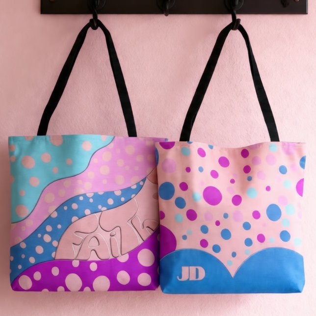 Bolsa Tote Letras Pastel Faith Pontos (Carry a little Faith with you. Initials on the back make it yours. Pretty pastel blue and pink.)