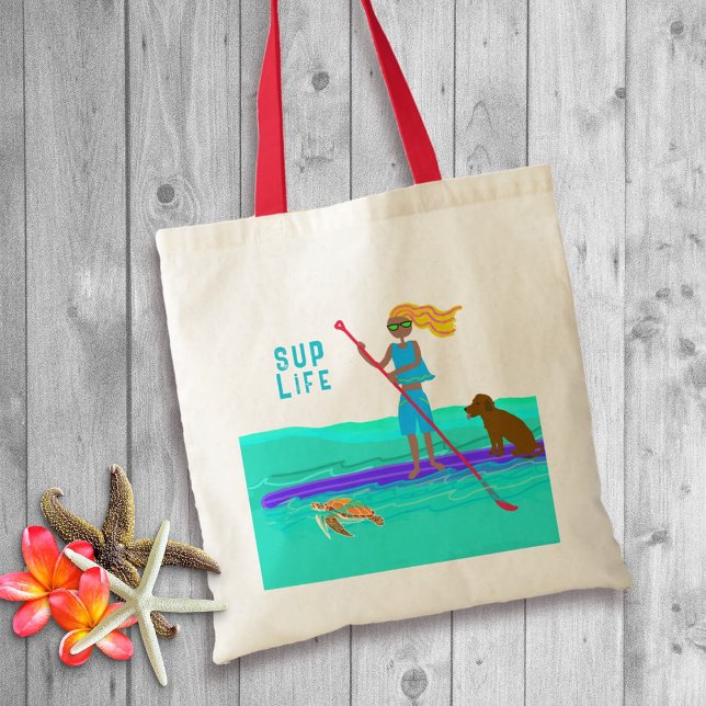 Bolsa Tote Levante A Tartaruga Canina De Paddleboard Ilustrad (Criador carregado)