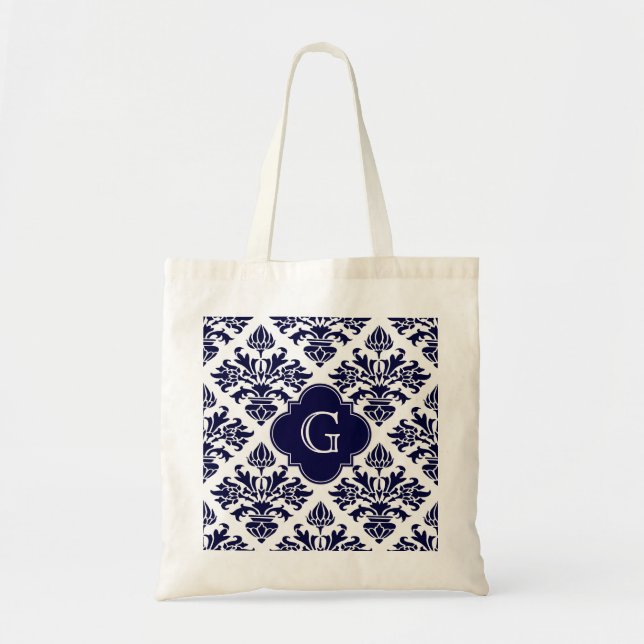 Bolsa Tote Lg Navy Azul Br Damask #3 Azul Quatrefoil Monogram (Frente)