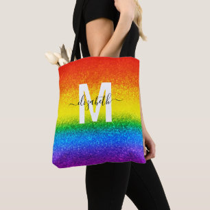 Bolsa Tote LGBT Pride Rainbow Glitter Stripes Nome do Monogra