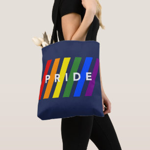 Bolsa Tote LGBTQ PRIDE Diagonal Rainbow Stripes em azul Marin