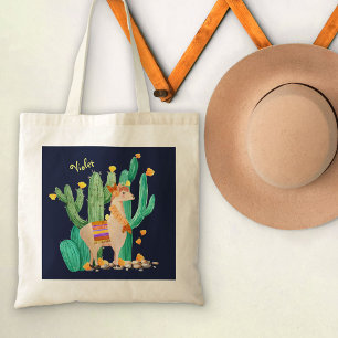 Bolsa Tote Lhama Fofa no Jardim de Cactus com Flores Amarelas