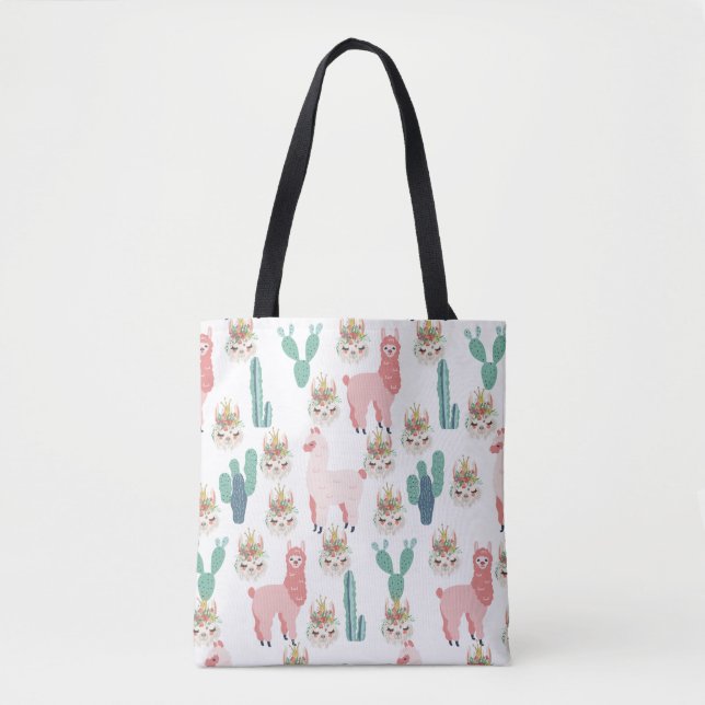 Bolsa Tote Lhamas Rosa Fofo e Cactus Verde (Frente)