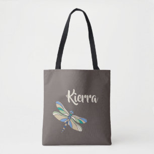 Bolsa Tote Libélula à moda em Brown e azul com nome