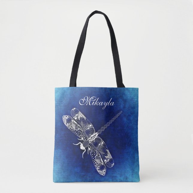 Bolsa Tote Libélula abstrata personalizada no azul (Frente)
