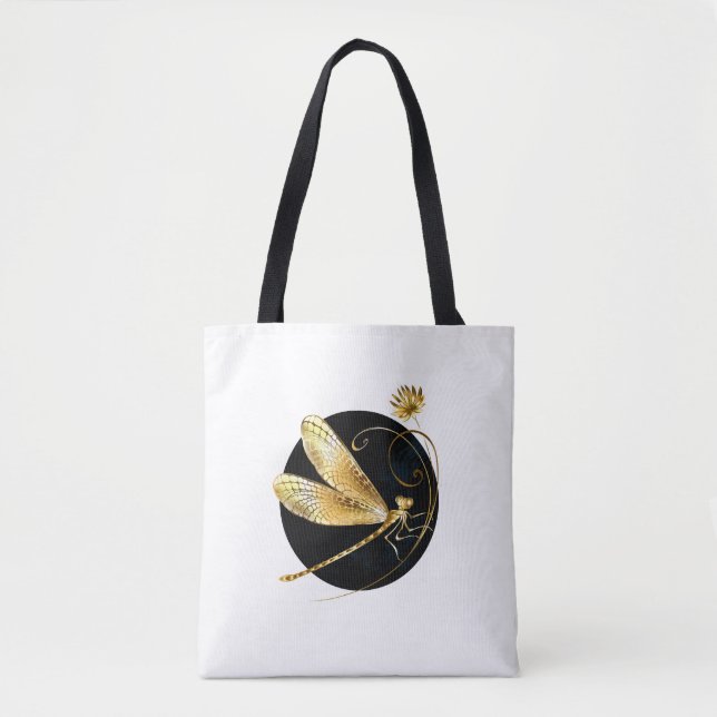 Bolsa Tote libélula ouro em círculo preto (Frente)