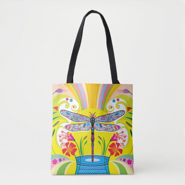 Bolsa Tote Libélula Radiante e Flores Silvestres (Frente)
