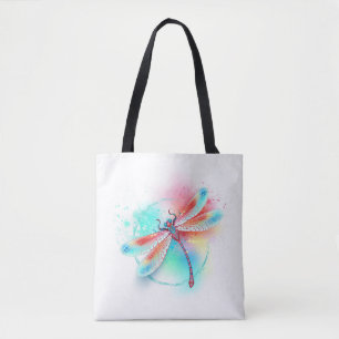 Bolsa Tote libélula vermelha sobre fundo de aquarela