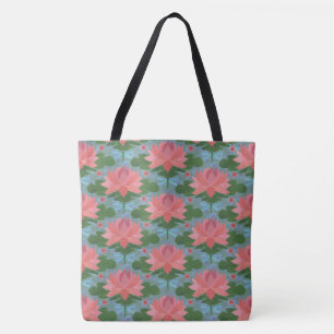 Bolsa Tote Libélulas Azul Pálido, Nenúfares Rosa, em Azul