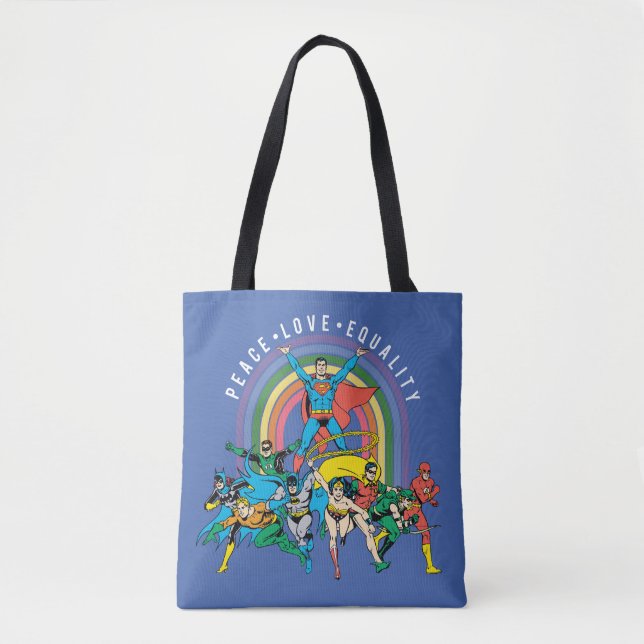 Bolsa Tote Liga Original da Justiça - Paz, Amor, Igualdade (Frente)