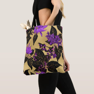 Bolsa Tote Lilac Floral com Folhas Pretas