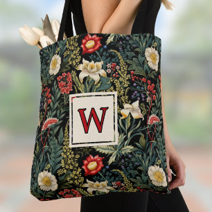Bolsa Tote Lilases Dálias Floral Monograma Branco Vermelho Ve