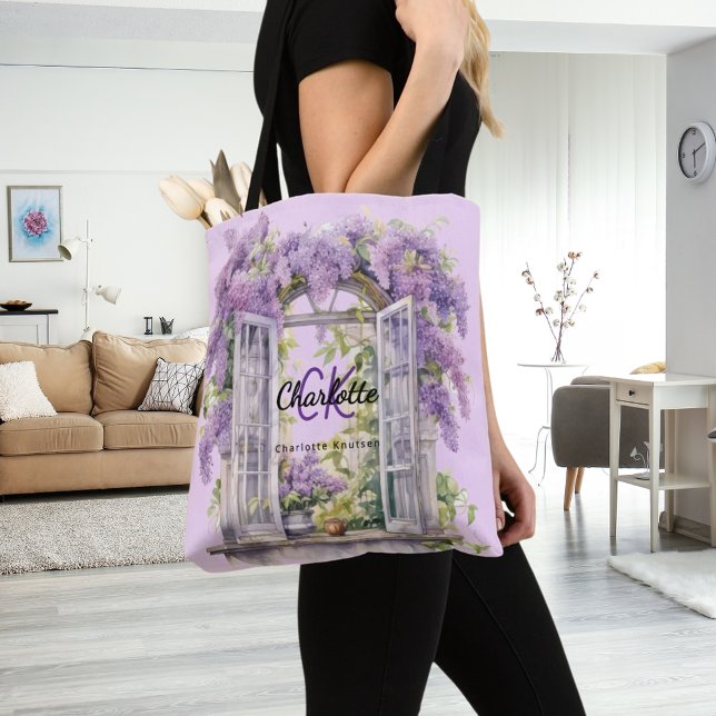 Bolsa Tote Lilases flores da janela monograma rosa (Criador carregado)
