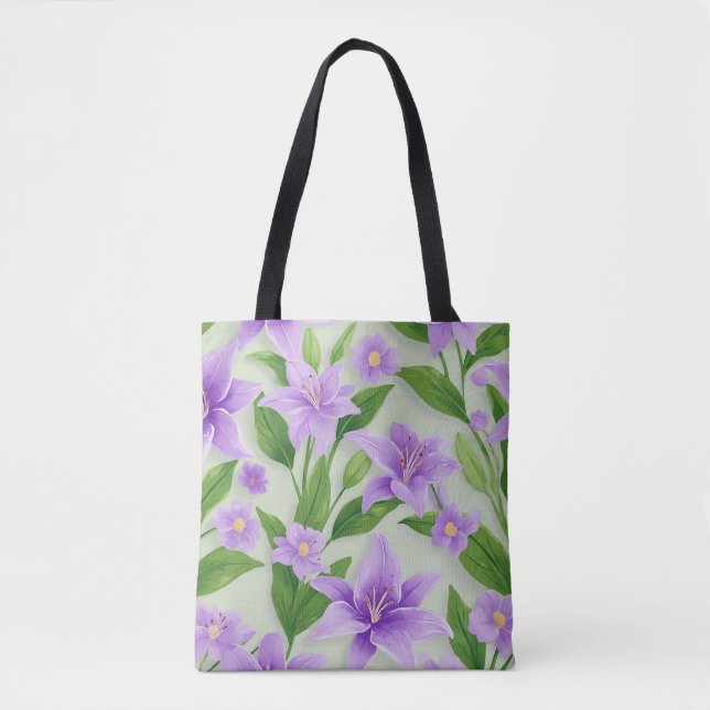 Bolsa Tote Lilases Roxas Vibrantes Com Folhas Verdes (Frente)