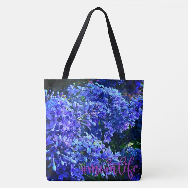 Bolsa Tote Lilases roxos azuis românticos, foto floral azul m (Frente)