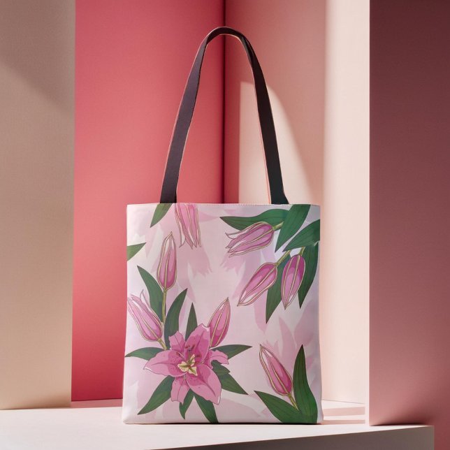 Bolsa Tote Lily Blooming Rosa (Pink Blooming Lily Tote Bag)