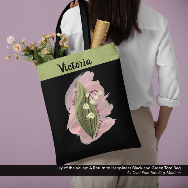 Bolsa Tote Lily do Vale Felicidade Personalizada Negro (Lily of the Valley Happiness Personalized Black and Green Tote Bag)