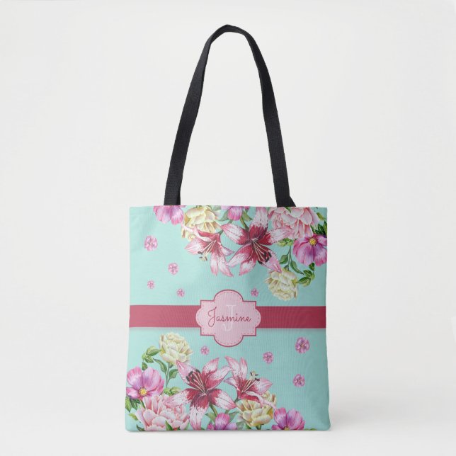 Bolsa Tote Lily & Peony Floral Aqua (Frente)