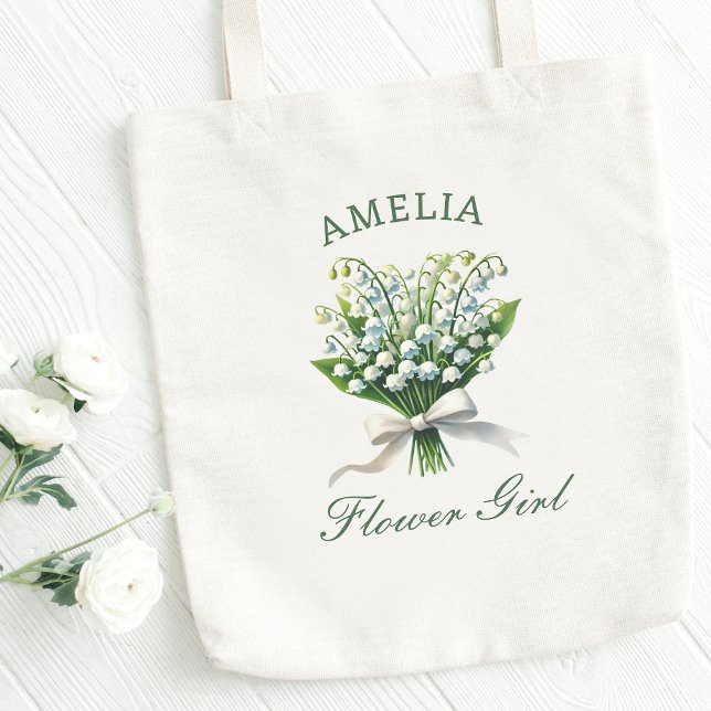 Bolsa Tote Lily Personalizada da Garota Flor do Vale do Arco (Personalize this elegant flower girl tote with lily of the valley blooms—perfect for your big day!)