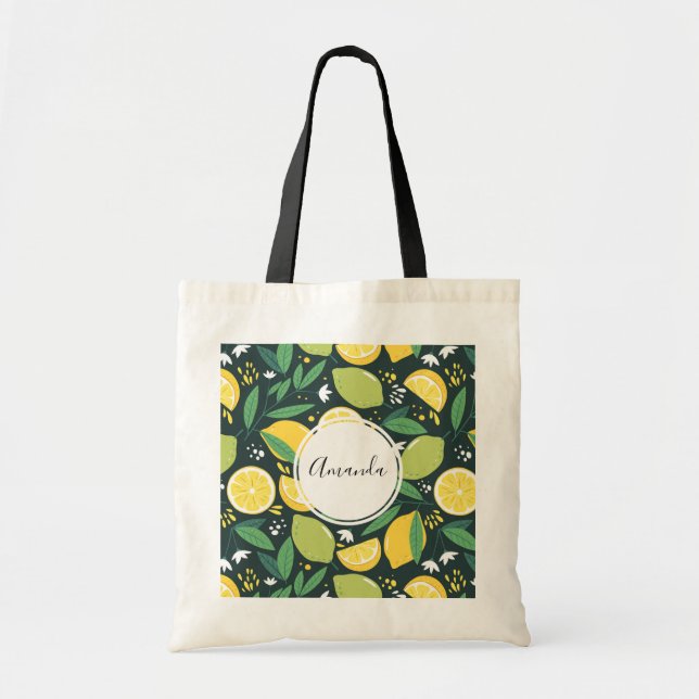 Bolsa Tote Limão Amarelo e Padrão de Fruta Limão Verde (Frente)