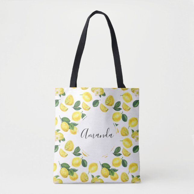 Bolsa Tote Limões Amarelos Padrão de Fruta de Aquarela (Frente)