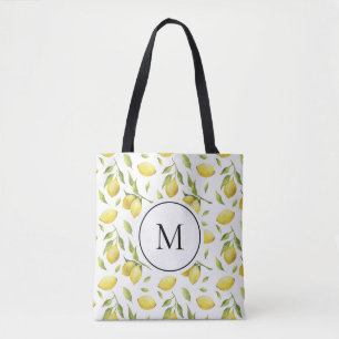 Bolsa Tote Limões de aquarela e Monograma de padrão verde